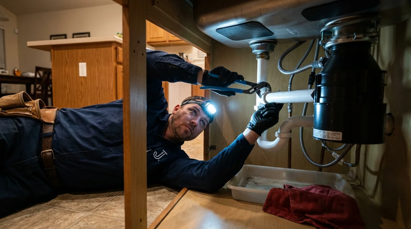 P-trap and supply line connections under a kitchen sink showing a common leak point in Chester, PA